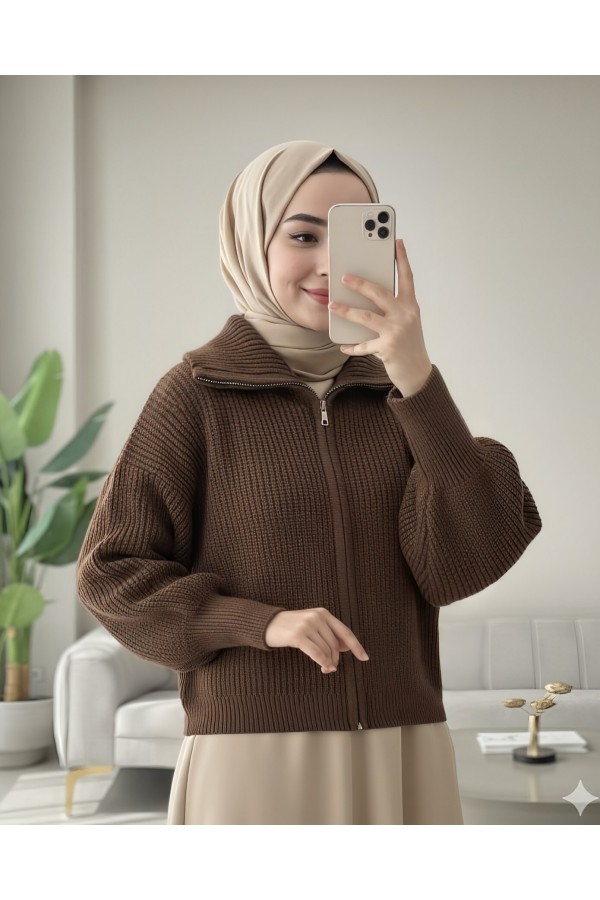 Half-Necked Zippered Knitwear Cardigan -Brown