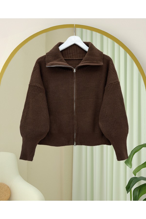 Half-Necked Zippered Knitwear Cardigan -Brown