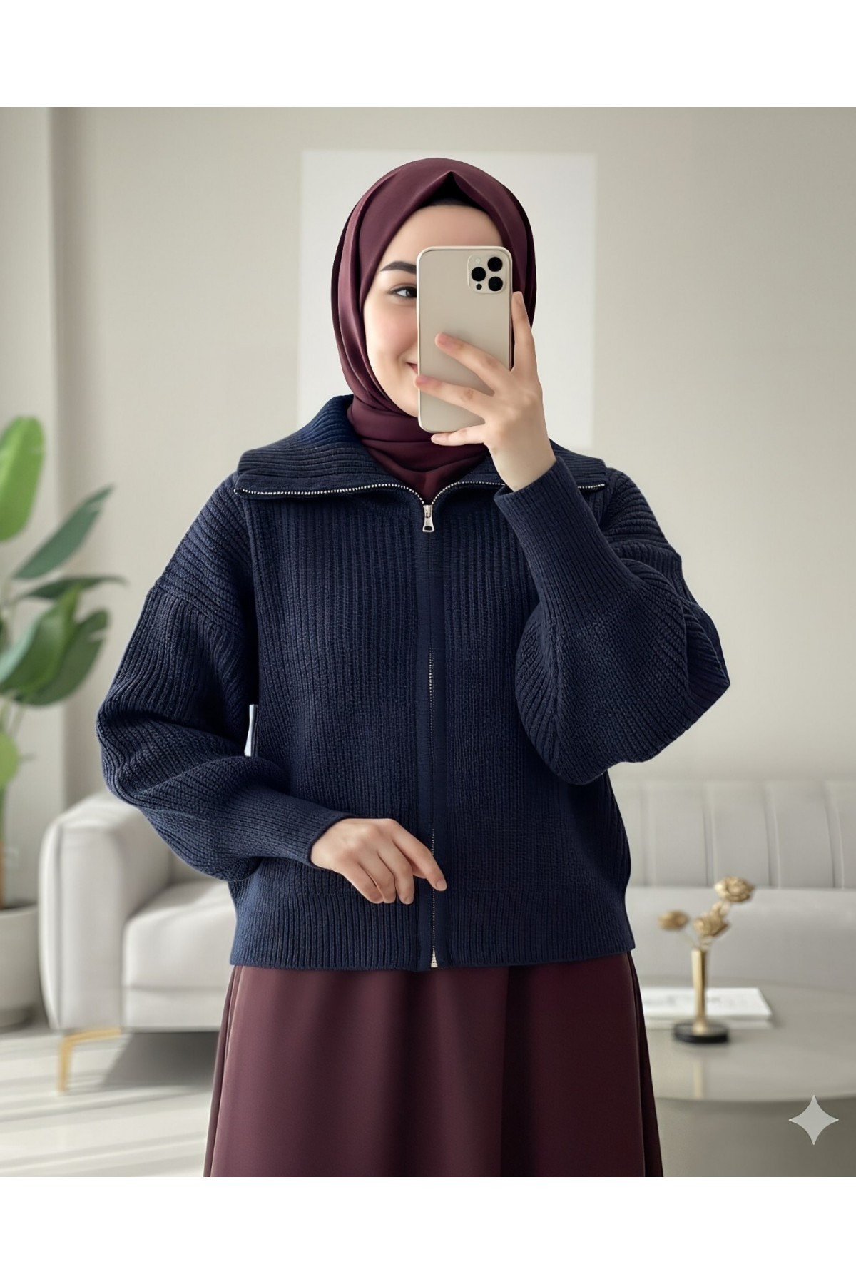 Yarım Boğazlı Fermuarlı Triko Hırka -Laci detay görseli