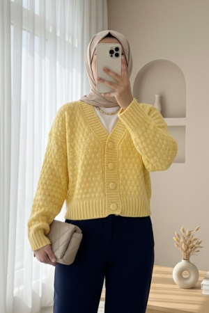 Embossed Knitted Buttoned Knitwear Cardigan  -Light yellow