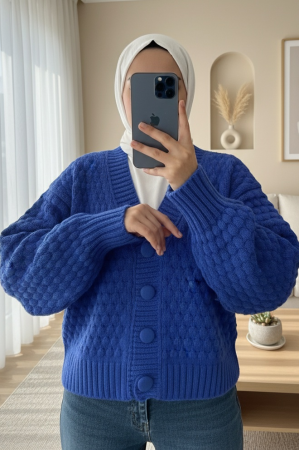 Kabartma Örgülü Düğmeli Triko Hırka  -Saks