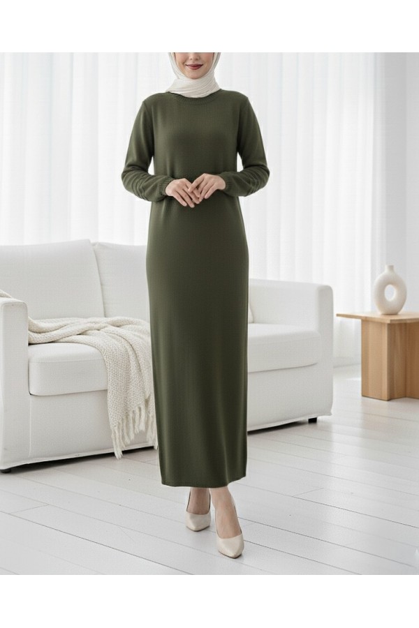 Elastic  Sleeve Pompom Detailed Knit Dress -Khaki