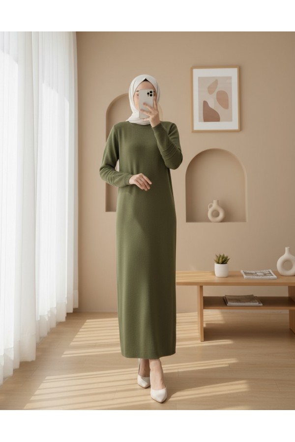 Elastic  Sleeve Pompom Detailed Knit Dress -Khaki