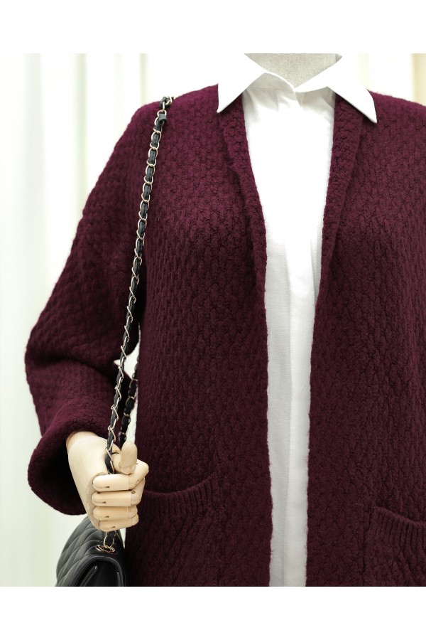 Double Pocket Long Knitted Cardigan -Maroon