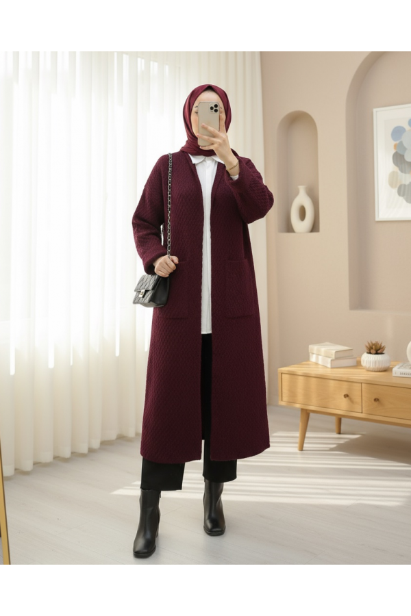 Double Pocket Long Knitted Cardigan -Maroon