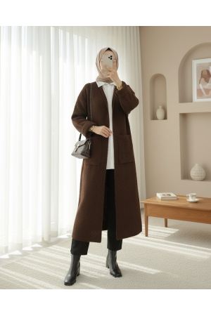 كارديجان طويل محبوك بجيبين -بنى