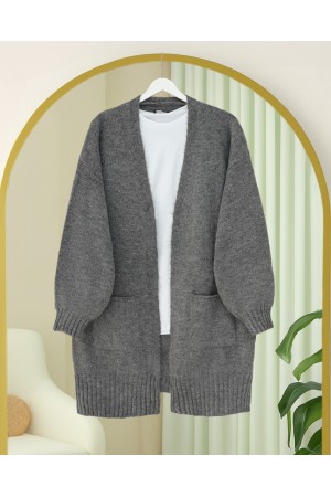 Çift Cepli Yırtmaçlı Yumoş Hırka -Füme