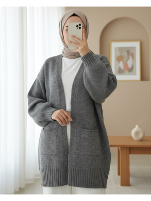 Çift Cepli Yırtmaçlı Yumoş Hırka -Füme