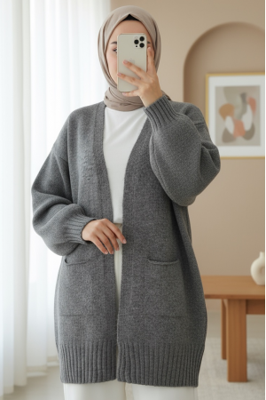 Çift Cepli Yırtmaçlı Yumoş Hırka -Füme