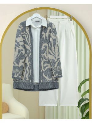 Patterned Casual Knit Cardigan -İndigo