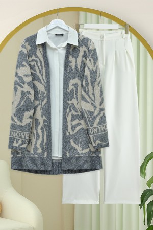 Desenli Salaş Triko Hırka -İndigo