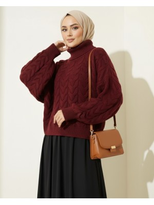 Örgü Desenli Boğazlı Triko Kazak  -Bordo