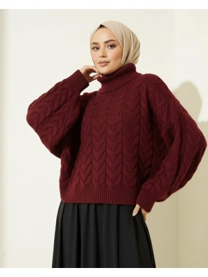 Örgü Desenli Boğazlı Triko Kazak  -Bordo
