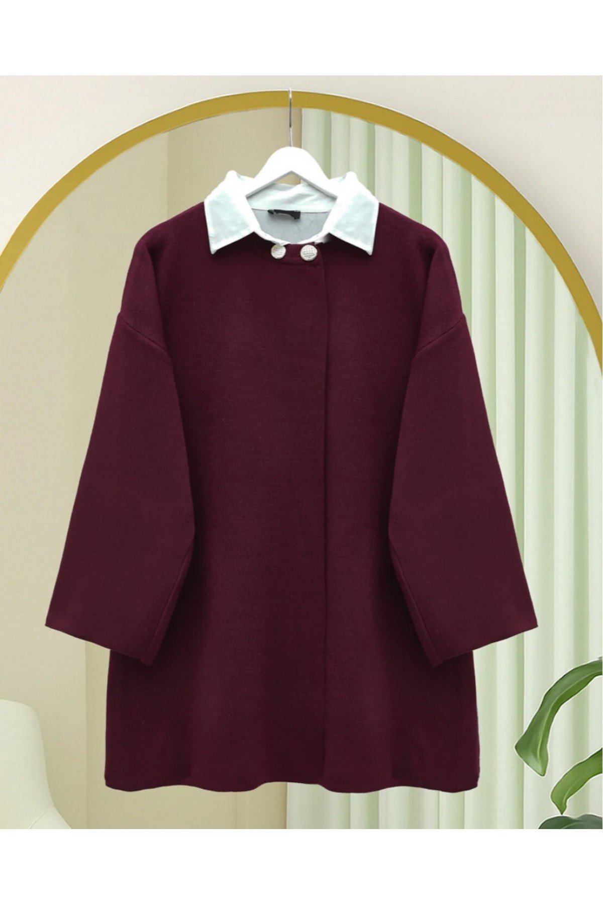Double-Buttoned Casual Knit Poncho -Maroon