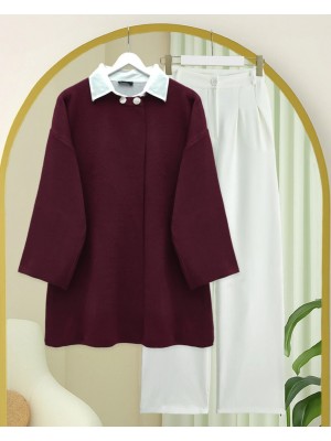 Çift Düğmeli Salaş Triko Panço -Bordo