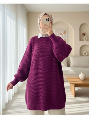 Bisiklet Yaka Baklava Desen Triko Kazak              -Mürdüm