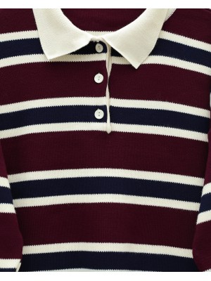 Polo Yaka Düğmeli Renkli Çizgili Triko Kazak -Bordo