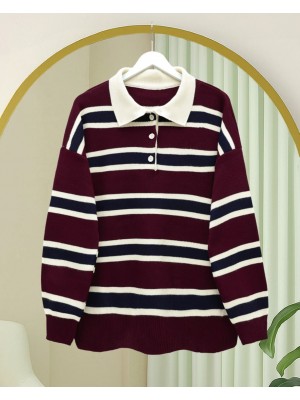 Polo Yaka Düğmeli Renkli Çizgili Triko Kazak -Bordo
