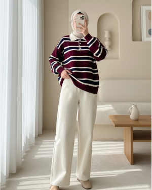 Polo Collar Buttoned Colorful Striped Knit Sweater -Maroon