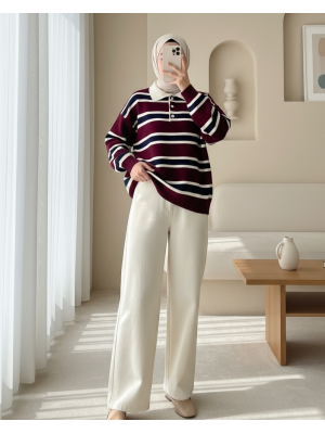 Polo Yaka Düğmeli Renkli Çizgili Triko Kazak -Bordo