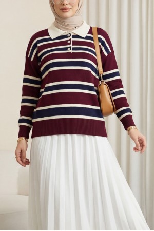 Polo Collar Buttoned Colorful Striped Knit Sweater -Maroon