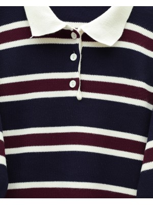 Polo Yaka Düğmeli Renkli Çizgili Triko Kazak -Laci