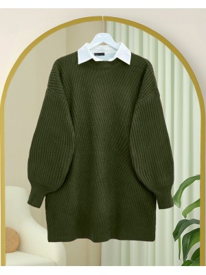 Crew Neck Diamond Pattern Knitwear Sweater               -Khaki