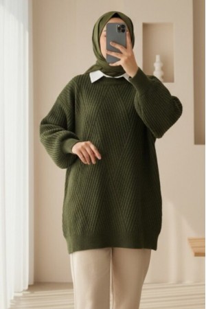 بلوزة تريكو نمط الماس رقبة دائرية               -خاكي