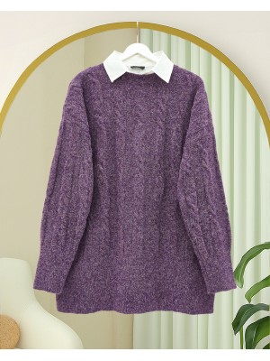 Kabartma Desenli Yumoş Triko Kazak -Mor