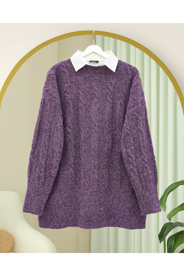 Soft Knitted Sweater with Embossed Pattern - Purple