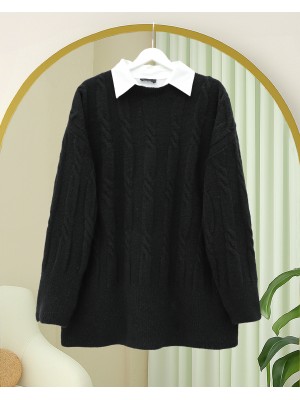 Kabartma Desenli Yumoş Triko Kazak -Siyah