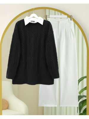 Kabartma Desenli Yumoş Triko Kazak -Siyah