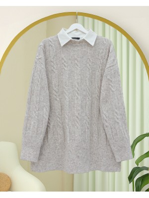 Kabartma Desenli Yumoş Triko Kazak -Taş