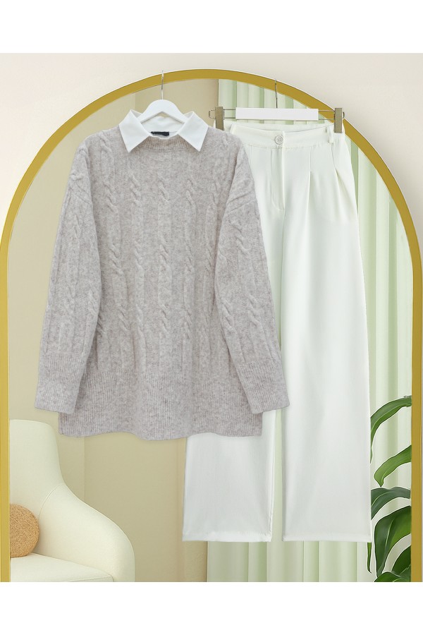 Soft Knitted Sweater with Embossed Pattern -Stone