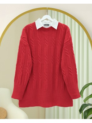 Kabartma Desenli Yumoş Triko Kazak  -Nar Çiçeği