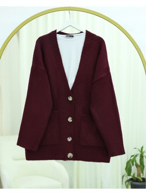 Düğmeli Çift Cepli Salaş Triko Hırka -Bordo