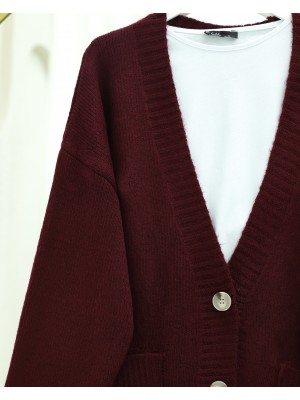 Düğmeli Çift Cepli Salaş Triko Hırka -Bordo