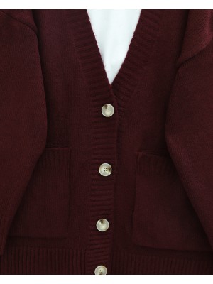 Düğmeli Çift Cepli Salaş Triko Hırka -Bordo