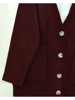 Düğmeli Çift Cepli Salaş Triko Hırka -Bordo