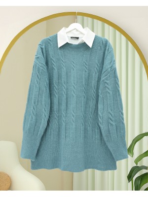 Kabartma Desenli Yumoş Triko Kazak  -Turkuaz