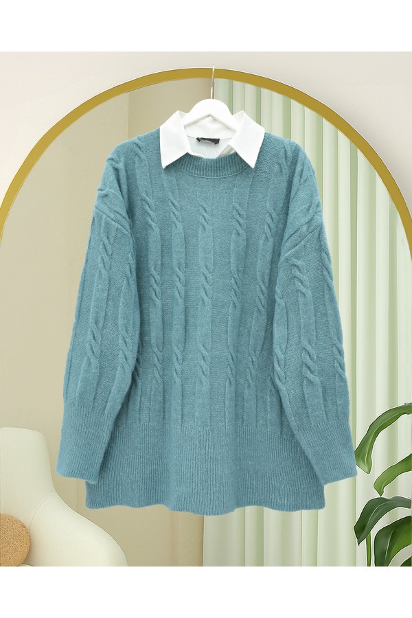 Soft Knitted Sweater with Embossed Pattern  - Turquoise
