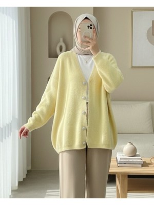 Önü Düğmeli Sakallı Salaş Triko Hırka   -Sarı