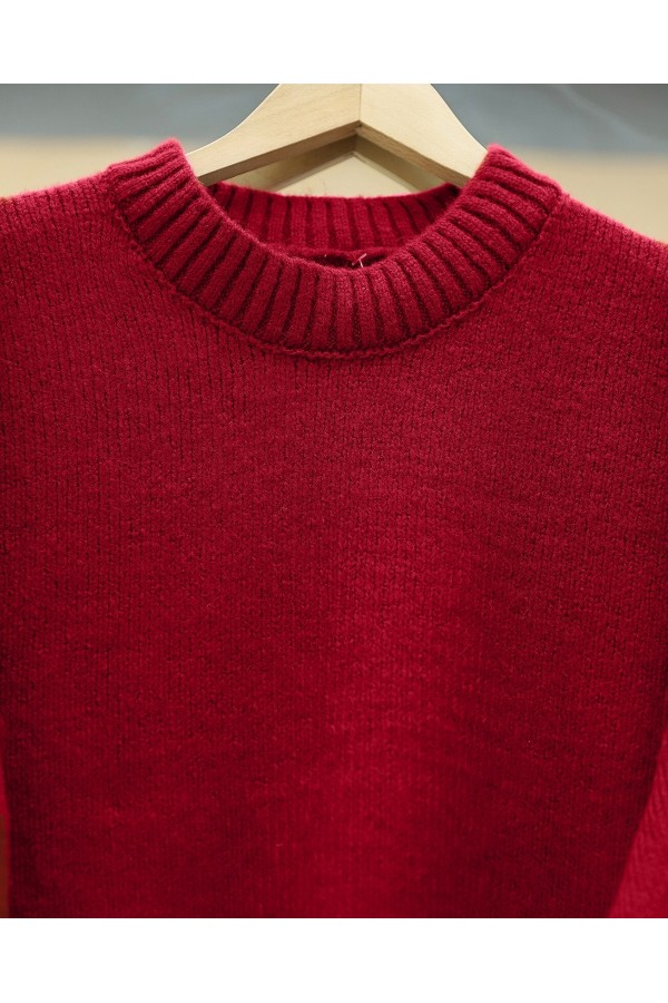 Crew Neck Skirted Ribbed Casual Knitwear Sweater         -Red