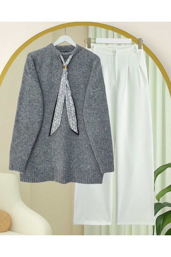 Soft Knitted Sweater with Scarf -Grey