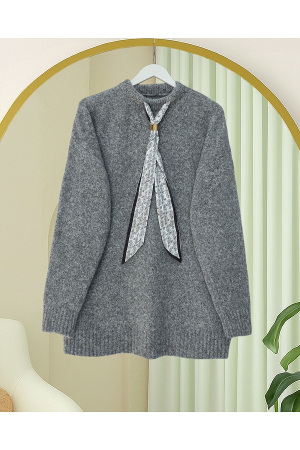 Soft Knitted Sweater with Scarf -Grey