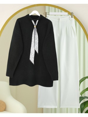 Fularlı Yumoş Triko Kazak -Siyah