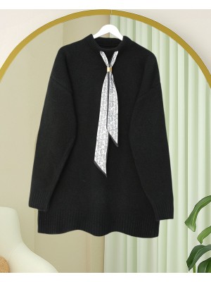 Fularlı Yumoş Triko Kazak -Siyah