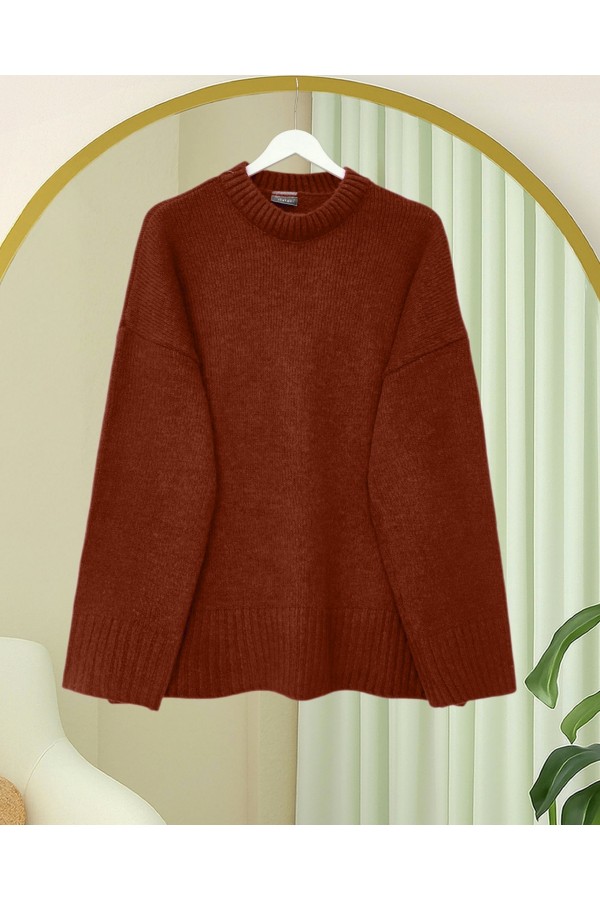 Crew Neck Skirted Ribbed Casual Knitwear Sweater           -Brick color