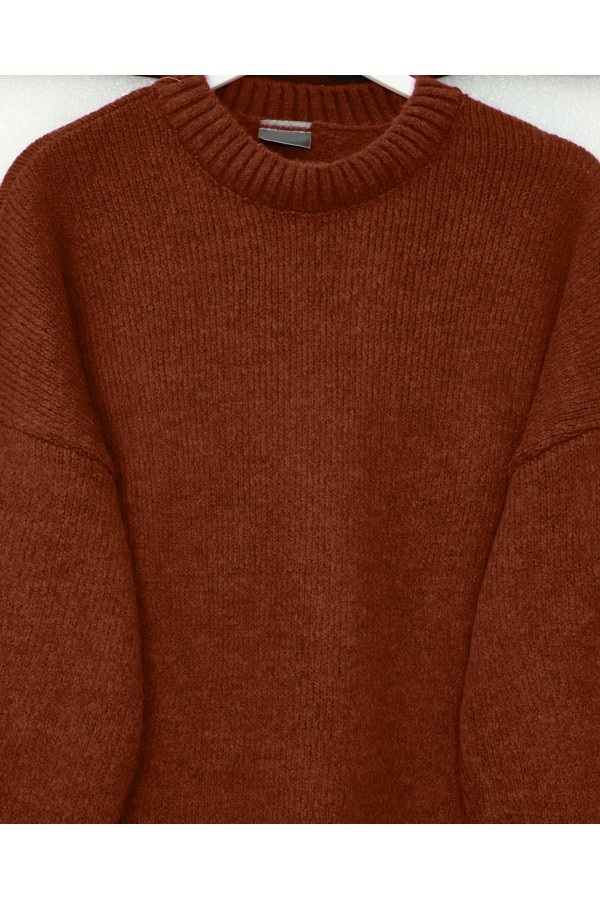 Crew Neck Skirted Ribbed Casual Knitwear Sweater           -Brick color