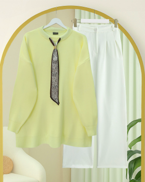 تونيك محبوك كاجوال برقبة دائرية وموشح -أصفر فاتح